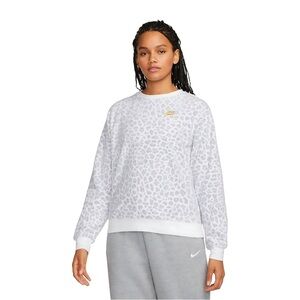 Nike Sherpa Fleece Sweatshirt Women’s Animal Print Gray Gold Logo Oversized